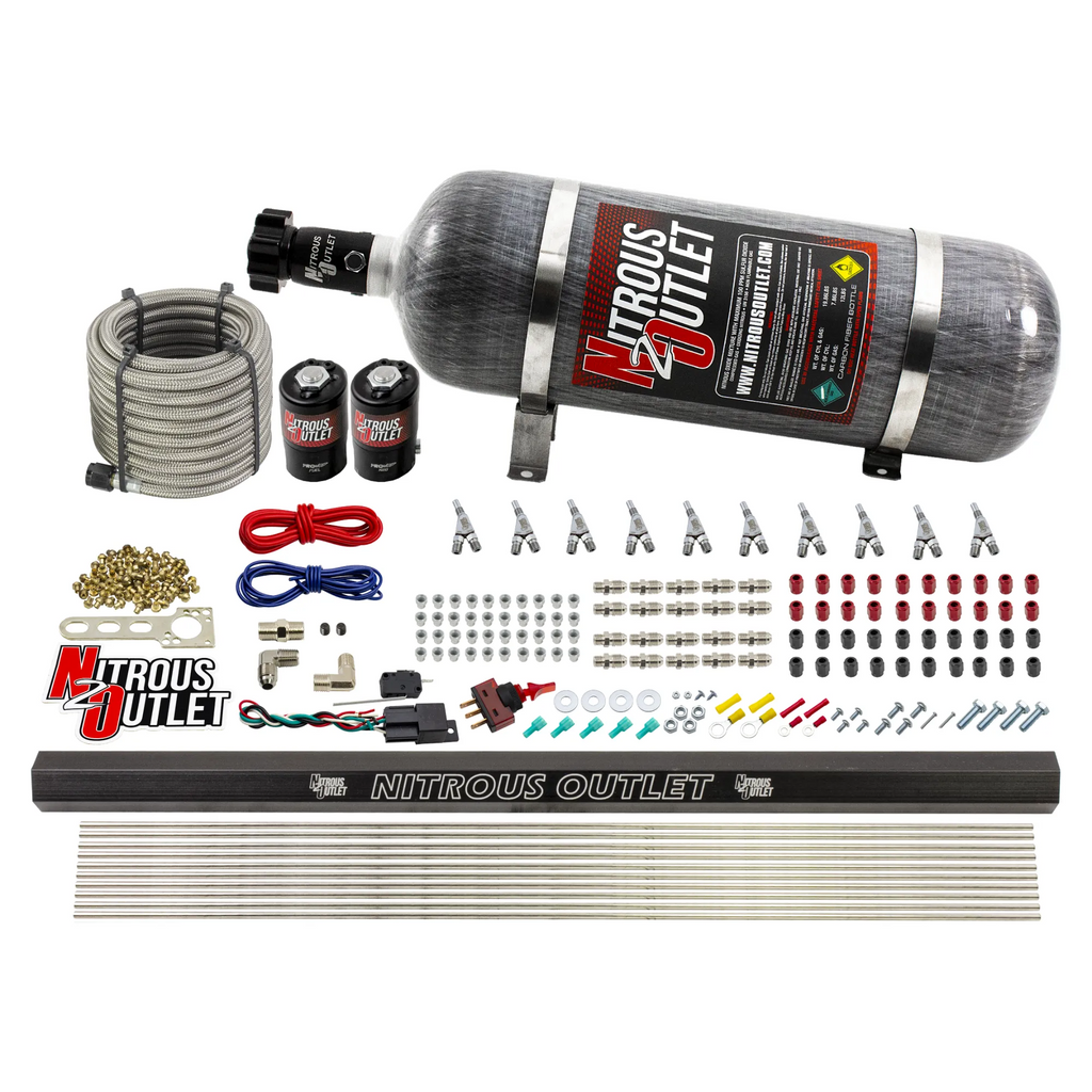 10 Cylinder Wet Direct Port System With Single Injection Rail - Gas - .122" Nitrous/.310" Fuel - Straight Blow Through Aluminum Nozzles (12lb Bottle)