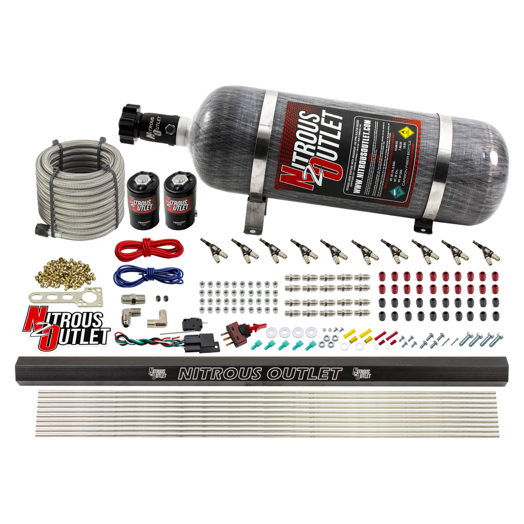 10 Cylinder Wet Direct Port System With Single Injection Rail - E85 (45-55 PSI)  - .122" Nitrous/.310" Fuel - 90° Aluminum Nozzles (12lb Bottle)