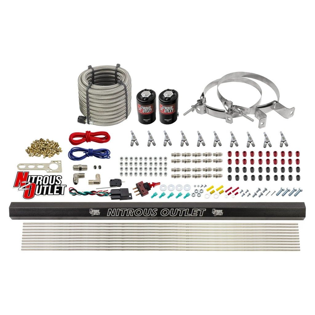 10 Cylinder Wet Direct Port System With Single Injection Rail - E85 (45-55 PSI)  - .122" Nitrous/.310" Fuel - Straight Blow Through Aluminum Nozzles (No Bottle)