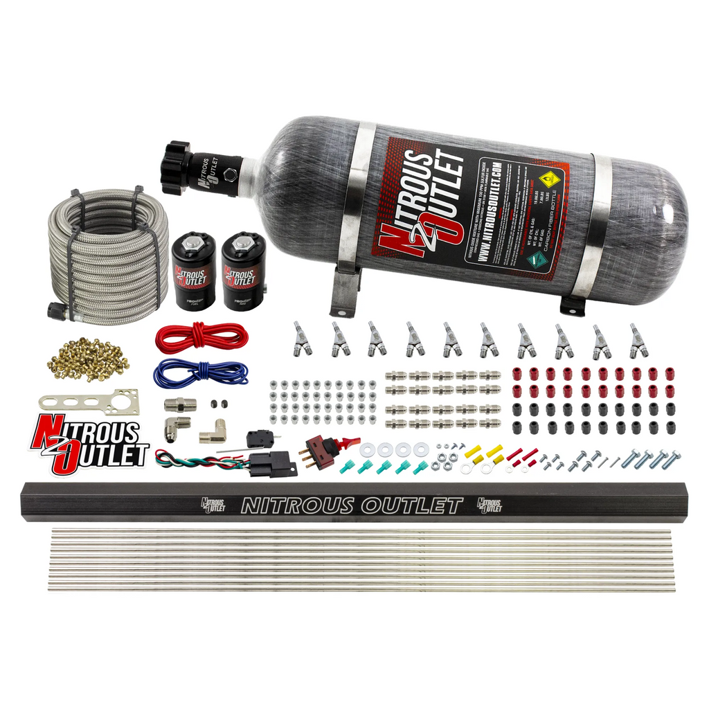 10 Cylinder Wet Direct Port System With Single Injection Rail - E85 (45-55 PSI)  - .122" Nitrous/.310" Fuel - Straight Blow Through Aluminum Nozzles (12lb Bottle)