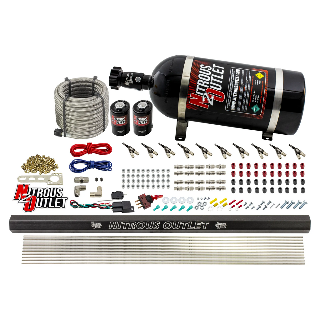 10 Cylinder Wet Direct Port System With Single Injection Rail - Gas (45-55 PSI)  - .122" Nitrous/.310" Fuel - 90° Aluminum Nozzles (10lb Bottle)