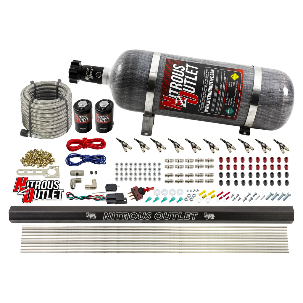 10 Cylinder Wet Direct Port System With Single Injection Rail - Gas (45-55 PSI)  - .122" Nitrous/.310" Fuel - 90° Aluminum Nozzles (12lb Bottle)