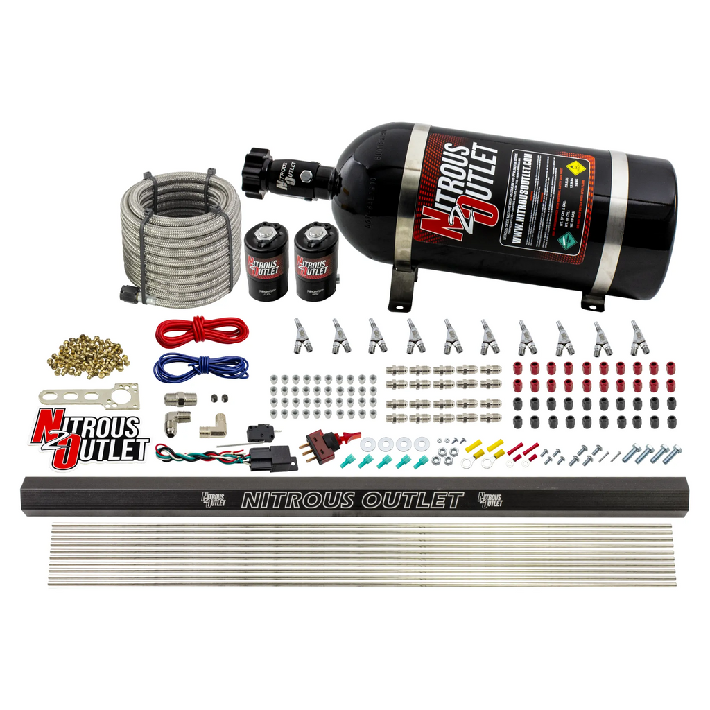 10 Cylinder Wet Direct Port System With Single Injection Rail - Gas (45-55 PSI)  - .122" Nitrous/.310" Fuel - Straight Blow Through Aluminum Nozzles (10lb Bottle)