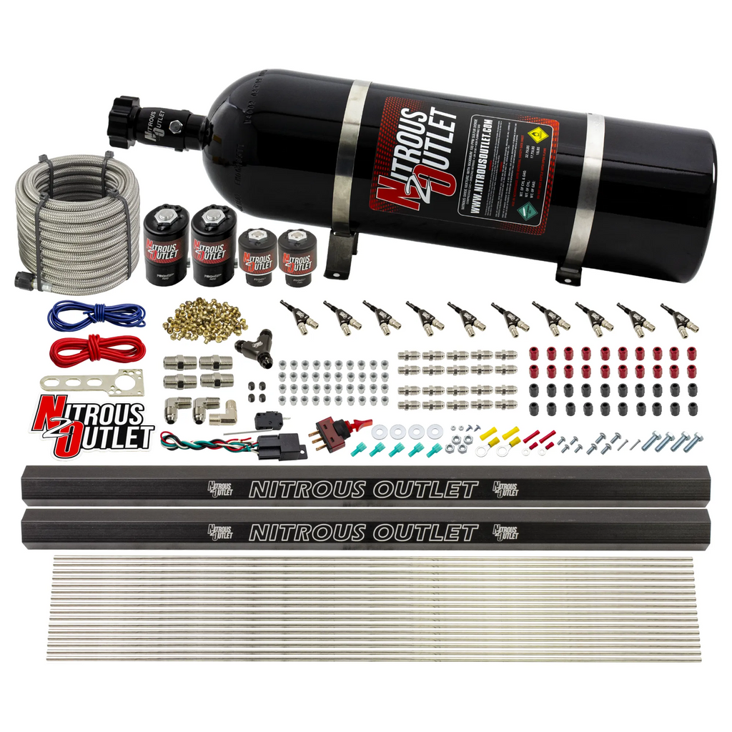 10 Cylinder Wet Direct Port System With Dual Injection Rails - Alcohol - Two .122" Nitrous/Two .310" Fuel - 90° Aluminum Nozzles (No Bottle)