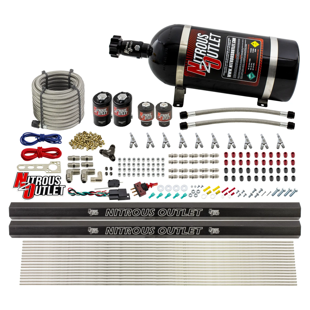 10 Cylinder Wet Direct Port System With Dual Injection Rails - Alcohol - Two .122" Nitrous/Two .310" Fuel - Straight Blow Through Aluminum Nozzles (10lb Bottle)