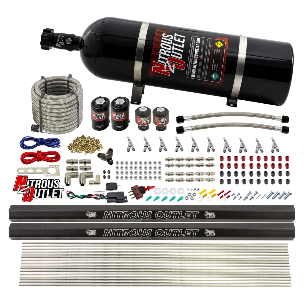 10 Cylinder Wet Direct Port System With Dual Injection Rails - Alcohol - Two .122" Nitrous/Two .310" Fuel - Straight Blow Through Aluminum Nozzles (15lb Bottle)