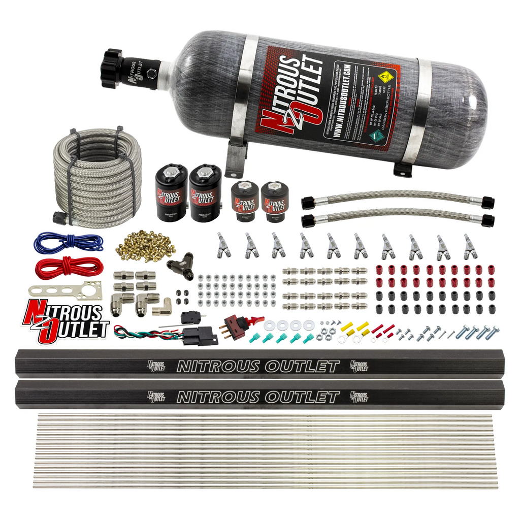 10 Cylinder Wet Direct Port System With Dual Injection Rails - E85 - Two .122" Nitrous/Two .310" Fuel - Straight Blow Through Aluminum Nozzles (10lb Bottle)