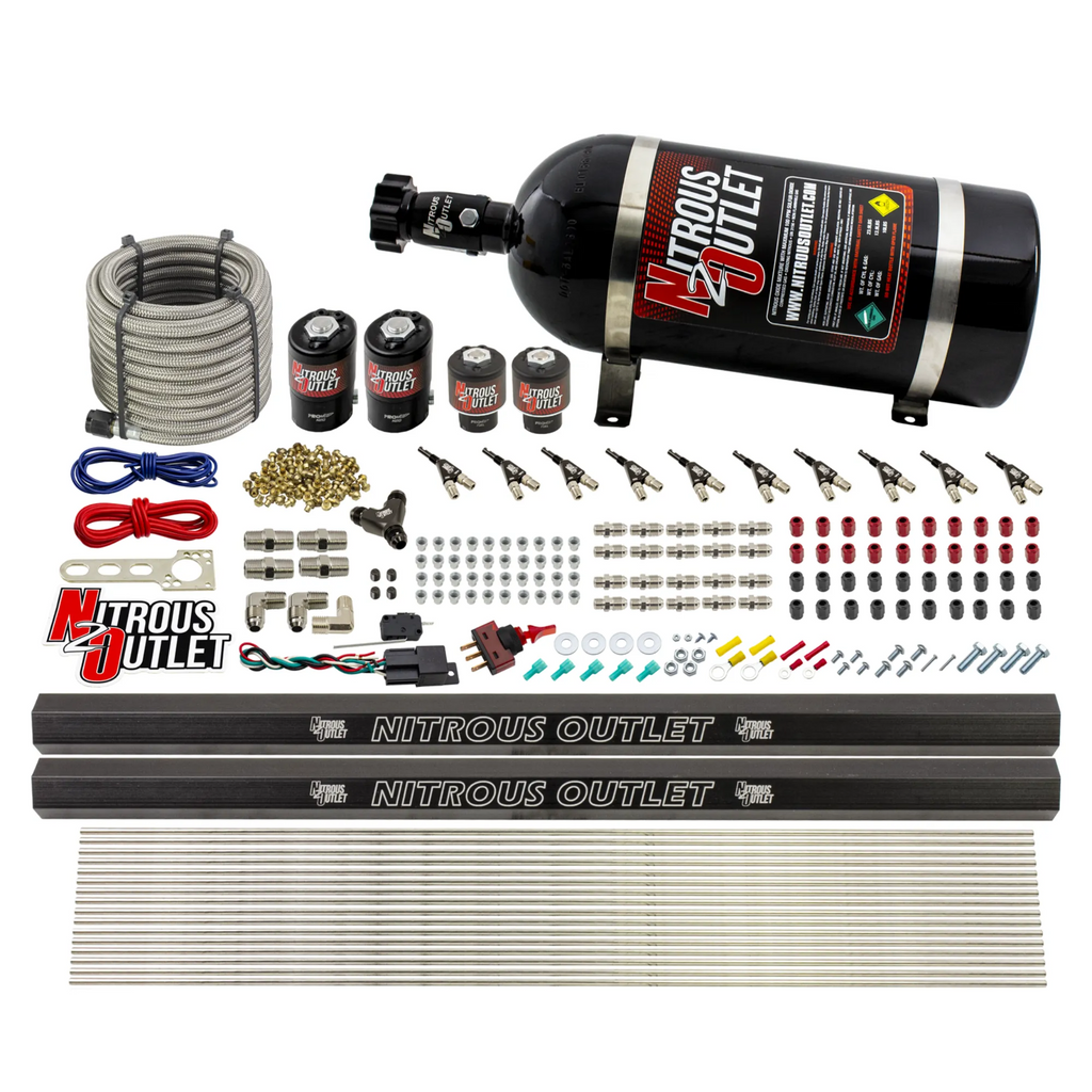 10 Cylinder Wet Direct Port System With Dual Injection Rails - Gas - Two .122" Nitrous/Two .310" Fuel - 90° Aluminum Nozzles (10lb Bottle)