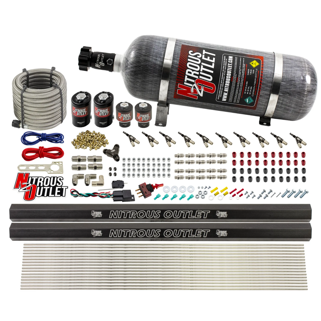 10 Cylinder Wet Direct Port System With Dual Injection Rails - Gas - Two .122" Nitrous/Two .310" Fuel - 90° Aluminum Nozzles (12lb Bottle)