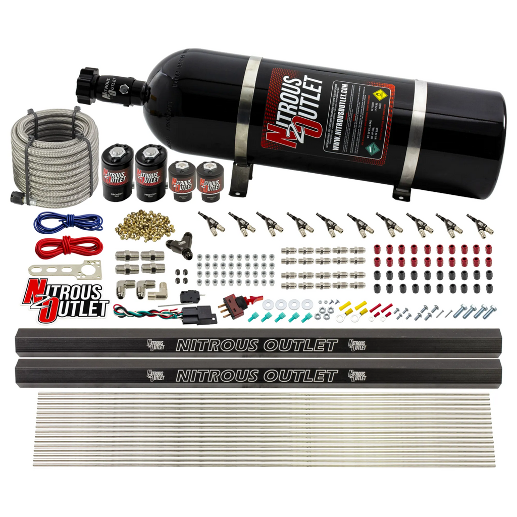 10 Cylinder Wet Direct Port System With Dual Injection Rails - Gas - Two .122" Nitrous/Two .310" Fuel - 90° Aluminum Nozzles (15lb Bottle)