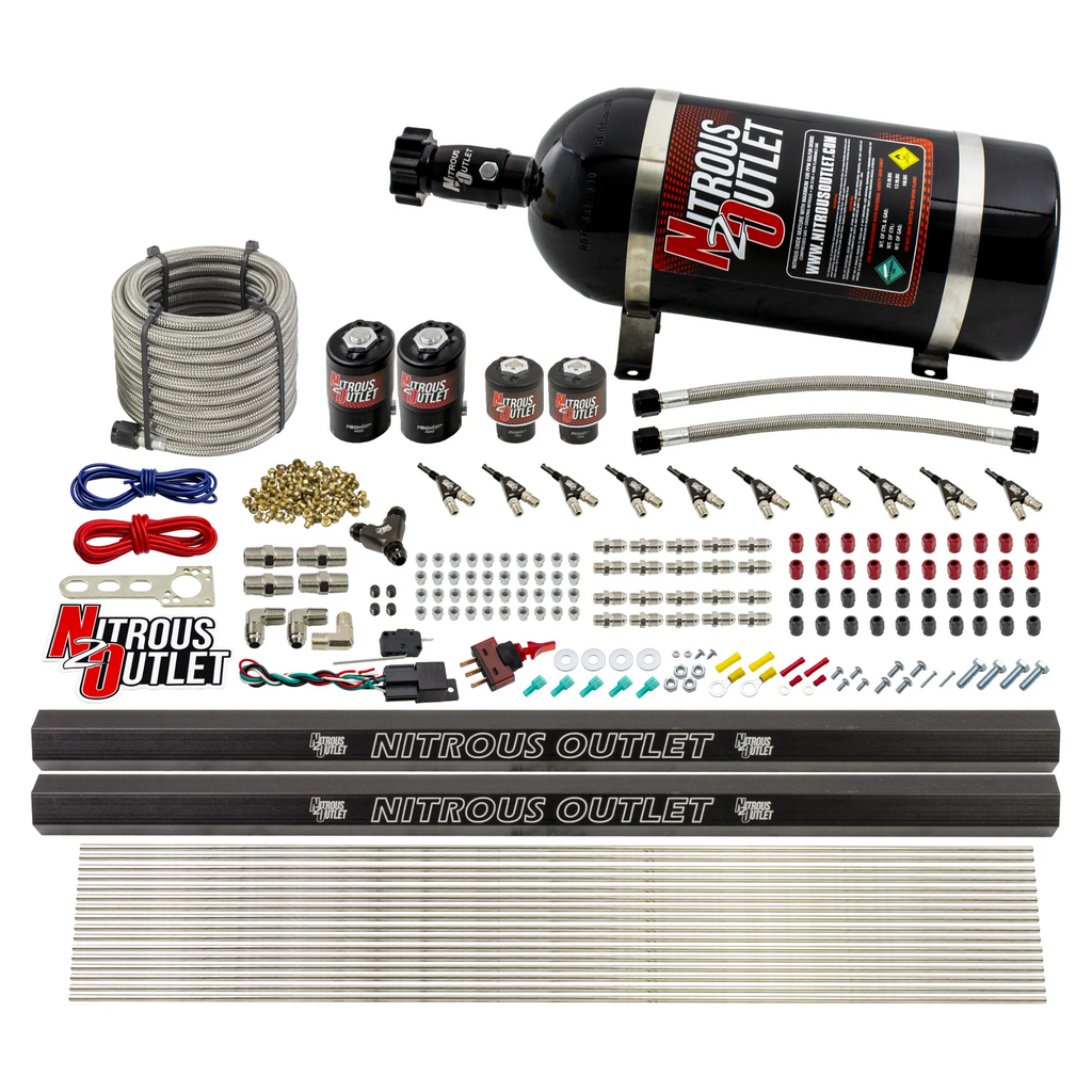 10 Cylinder Wet Direct Port System With Dual Injection Rails - E85 - Two .122" Nitrous/Two .310" Fuel - 45-55 PSI - 90° Aluminum Nozzles (10lb Bottle)