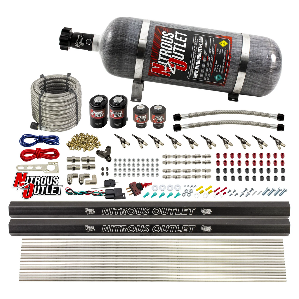 10 Cylinder Wet Direct Port System With Dual Injection Rails - E85 - Two .122" Nitrous/Two .310" Fuel - 45-55 PSI - 90° Aluminum Nozzles (12lb Bottle)