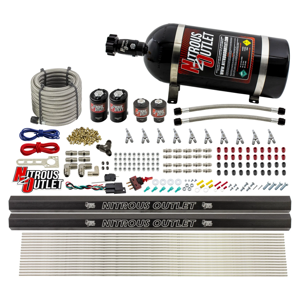 10 Cylinder Wet Direct Port System With Dual Injection Rails - E85 - Two .122" Nitrous/Two .310" Fuel - 45-55 PSI - Straight Blow Through Aluminum Nozzles (10lb Bottle)