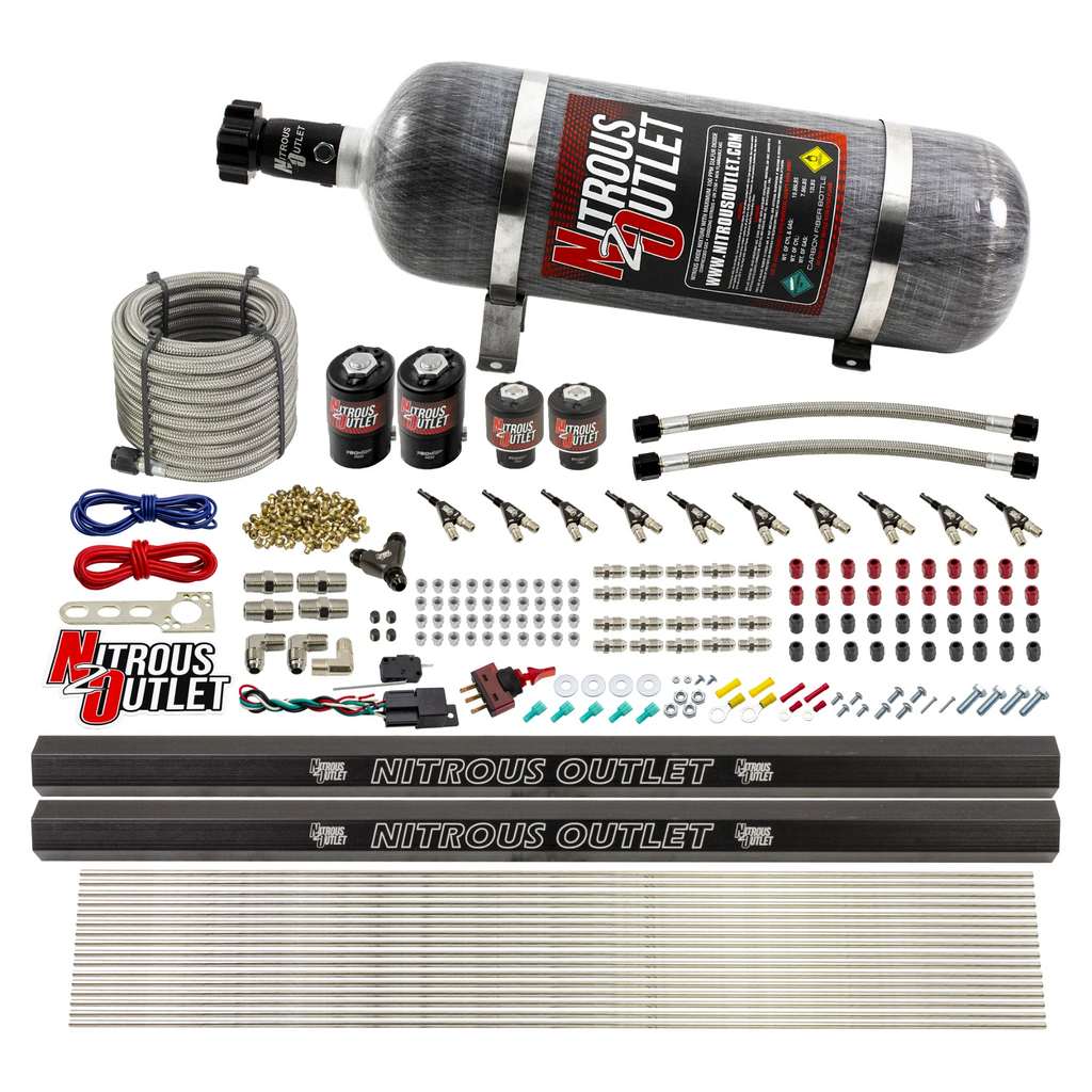 10 Cylinder Wet Direct Port System With Dual Injection Rails - Gas - Two .122" Nitrous/Two .310" Fuel - 45-55 PSI - 90° Aluminum Nozzles (12lb Bottle)
