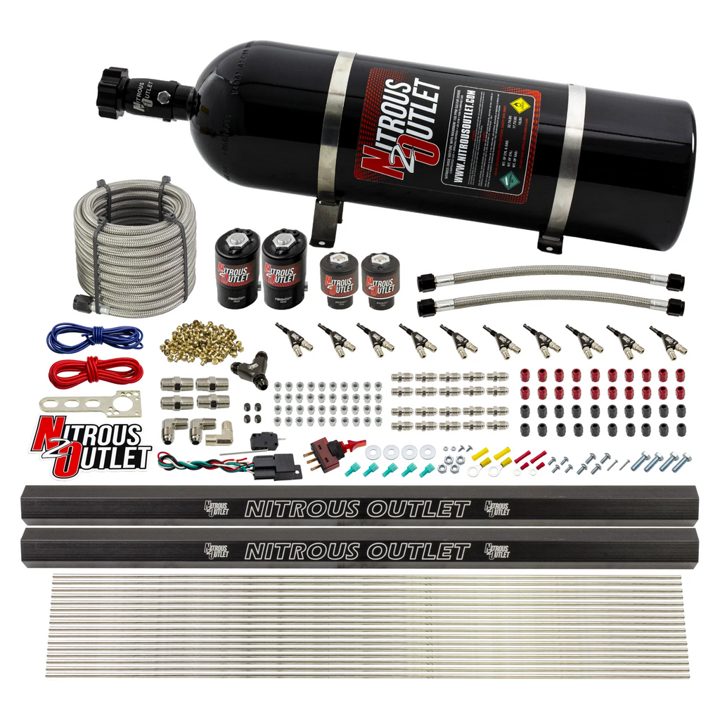10 Cylinder Wet Direct Port System With Dual Injection Rails - Gas - Two .122" Nitrous/Two .310" Fuel - 45-55 PSI - 90° Aluminum Nozzles (15lb Bottle)