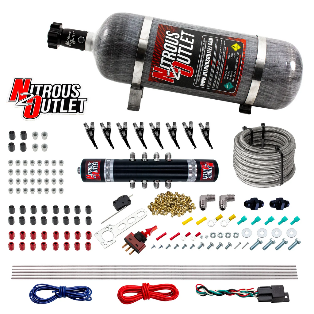8 Cylinder Black Widow Direct Port System - .122 Nitrous Solenoid/.310 Fuel Solenoid Solenoid - 45-55psi - 90° Discharge Nozzle (12lb Bottle)