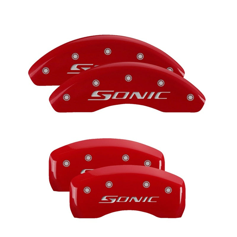 MGP 4 Caliper Covers Engraved Front & Rear Sonic Red finish silver ch