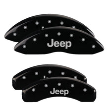 Load image into Gallery viewer, MGP 4 Caliper Covers Engraved Front &amp; Rear 11-18 Jeep Grand Cherokee Black Finish Silver Jeep Logo