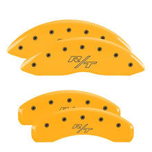 Load image into Gallery viewer, MGP 4 Caliper Covers Engraved Front &amp; Rear 11-18 Dodge Durango Yellow Finish Black R/T Vintage Logo
