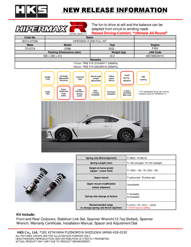 HKS Hipermax R ZN8 Full Kit