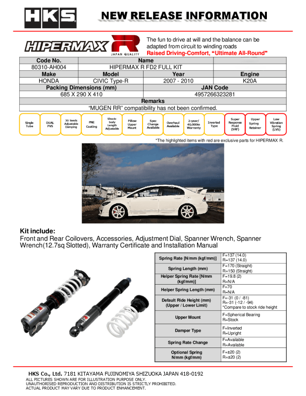 HKS Hipermax R FD2 Full Kit