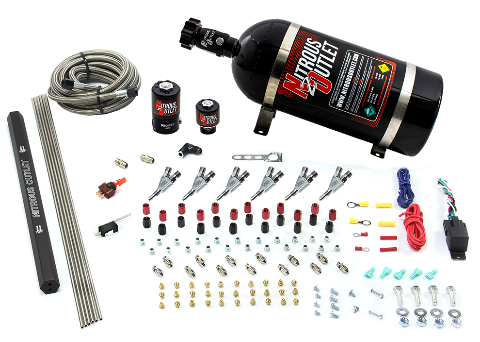 6 Cylinder 2 Solenoid Direct Port System With Single Injection Rail and Straight Blow Through Nozzles, High Fuel Pressure E85 (10lb Bottle)