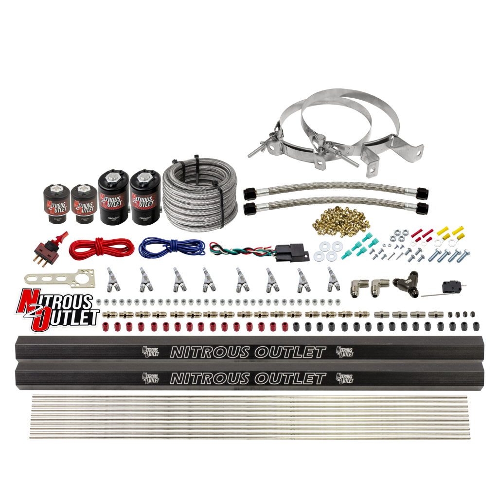 8 Cylinder Single Stage Direct Port Nitrous System with Injection Rails - Gas - .112 Nitrous/.177 Fuel - 45-55 PSI - Straight Blow Through Nozzles (12lb Bottle)