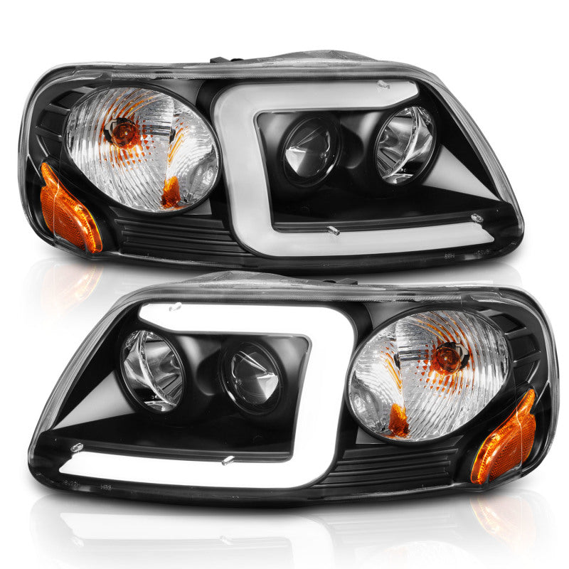 ANZO 1997-2003 Ford F-150 Projector Headlights w/ Light Bar Black Housing