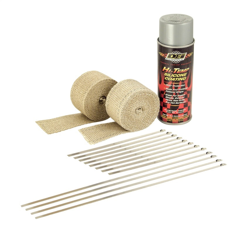 DEI Powersport Motorcycle Exhaust Wrap Kit - Tan Wrap w/Aluminum HT Silicone Coating (Aerosol)