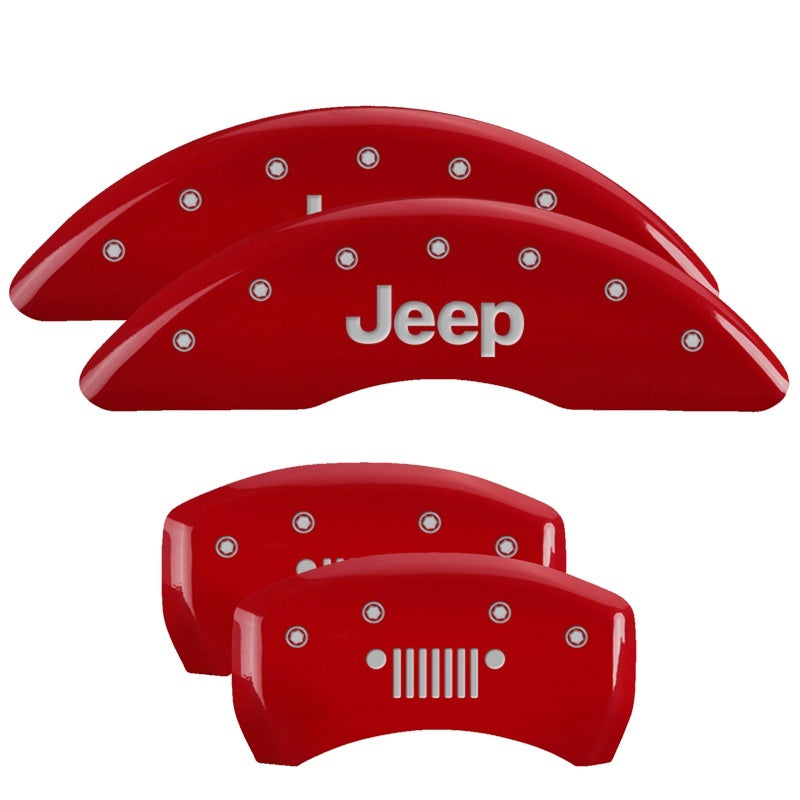 MGP 4 Caliper Covers Engraved Front JEEP Engraved Rear JEEP Grill logo Red finish silver ch