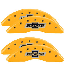 Load image into Gallery viewer, MGP 4 Caliper Covers Engraved F &amp; R 100th Anniv Yellow Finish Black Char 2019 Chevy Silverado 2500HD